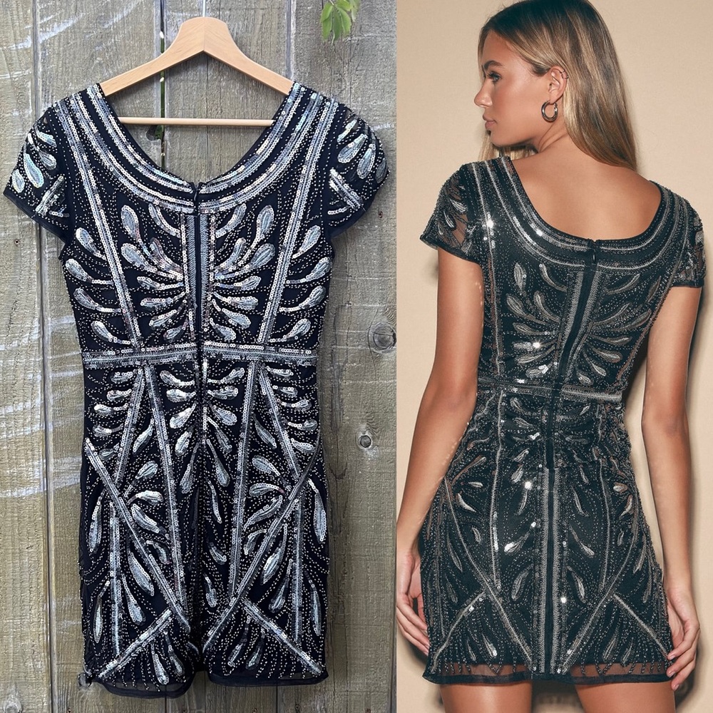 Black and Silver Beaded and Silver Bodycon Mini Dress 🌿 - Picture 3 of 12